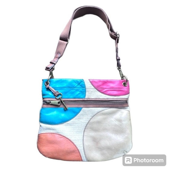 Vintage Fossil shoulder bag Pre-owned leather & fabric w/blue fabric inside - Picture 1 of 11